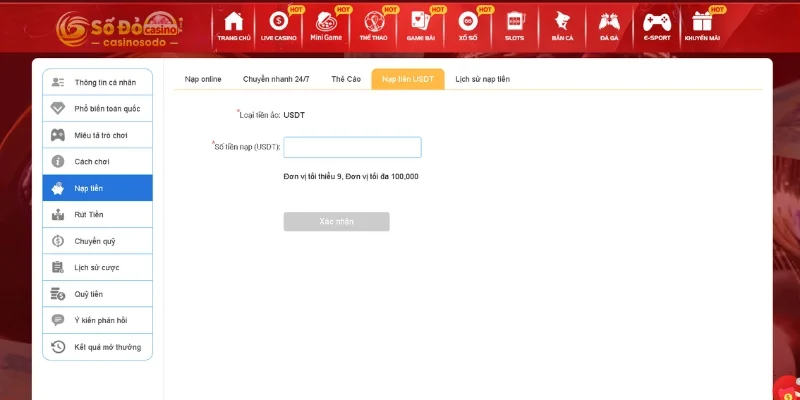 Nạp tiền nhanh qua USDT
